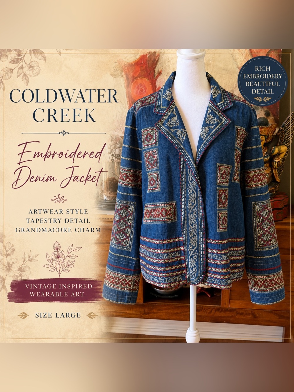 Coldwater Creek Blue Embroidered Denim Jacket with Red & Cream Accents